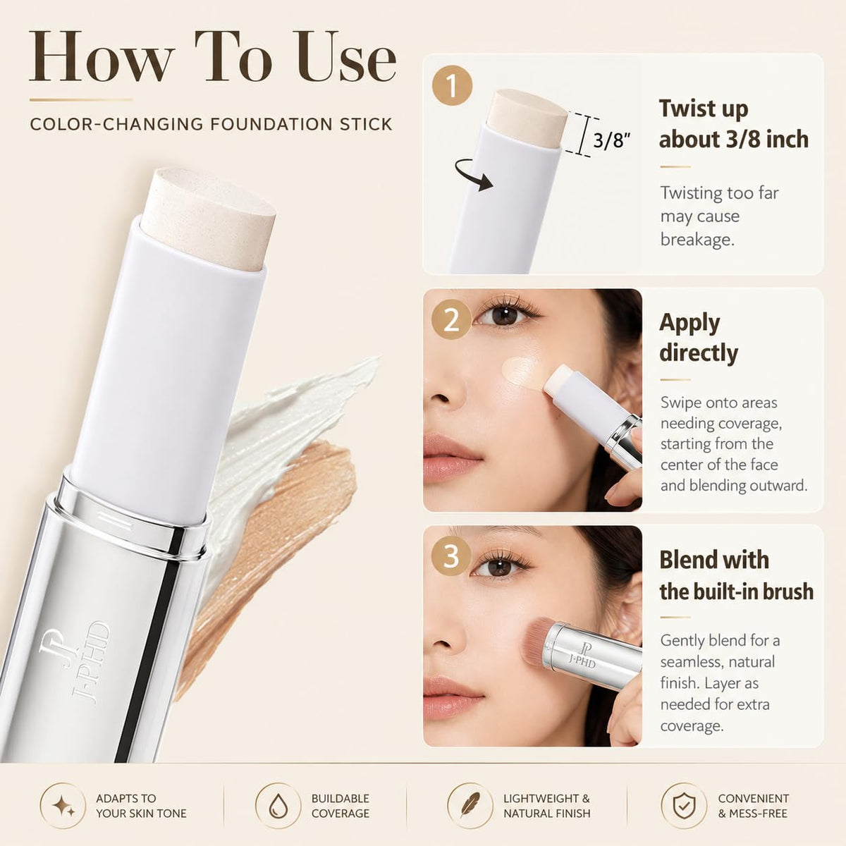 2 in 1 White Korean Color Changing Foundation Stick with Brush, Cover Cream Stick Foundation, Moisturizing Long-Lasting Hydration Makeup, Light Coverage Concealer, for All Skin Types (02#)