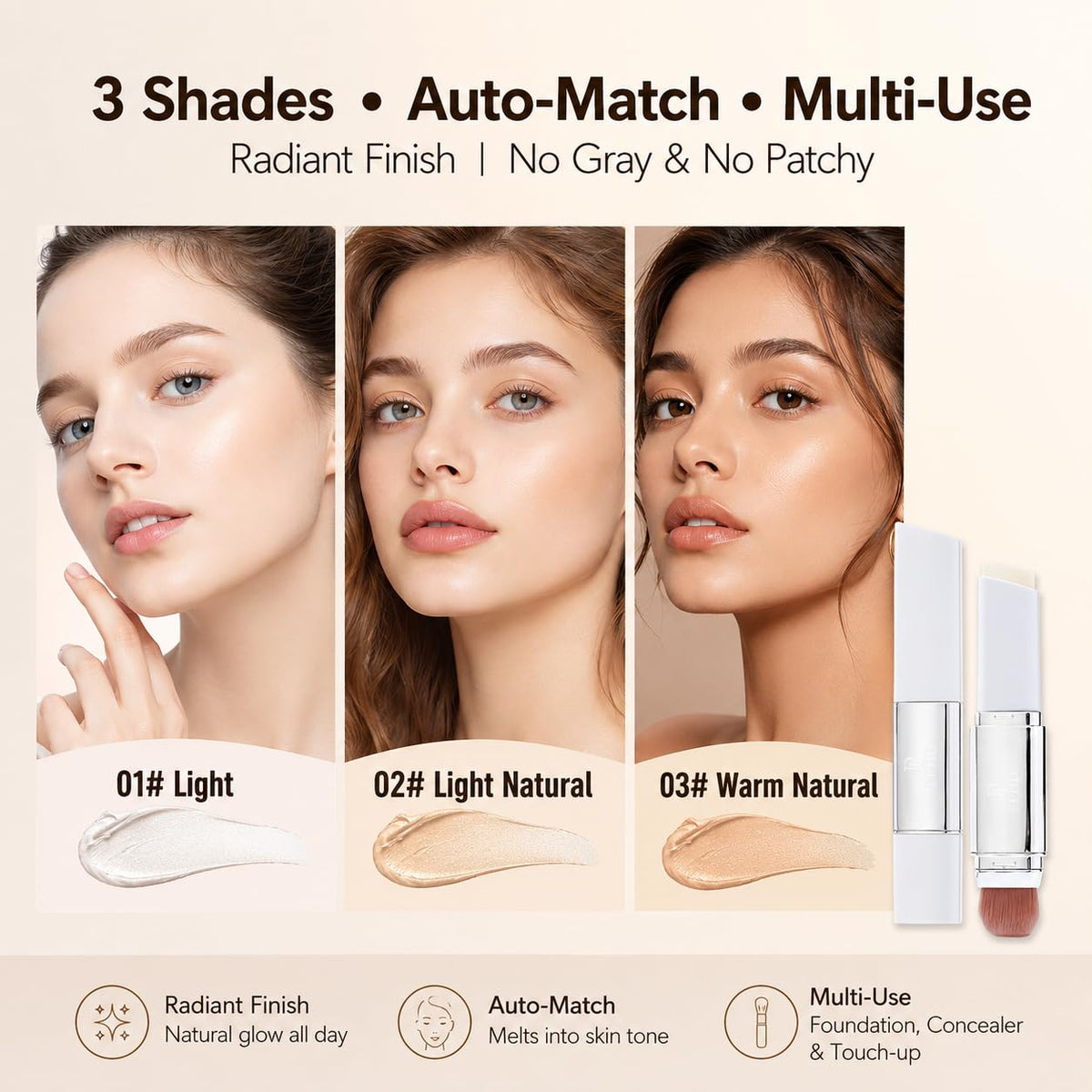 2 in 1 White Korean Color Changing Foundation Stick with Brush, Cover Cream Stick Foundation, Moisturizing Long-Lasting Hydration Makeup, Light Coverage Concealer, for All Skin Types (02#)