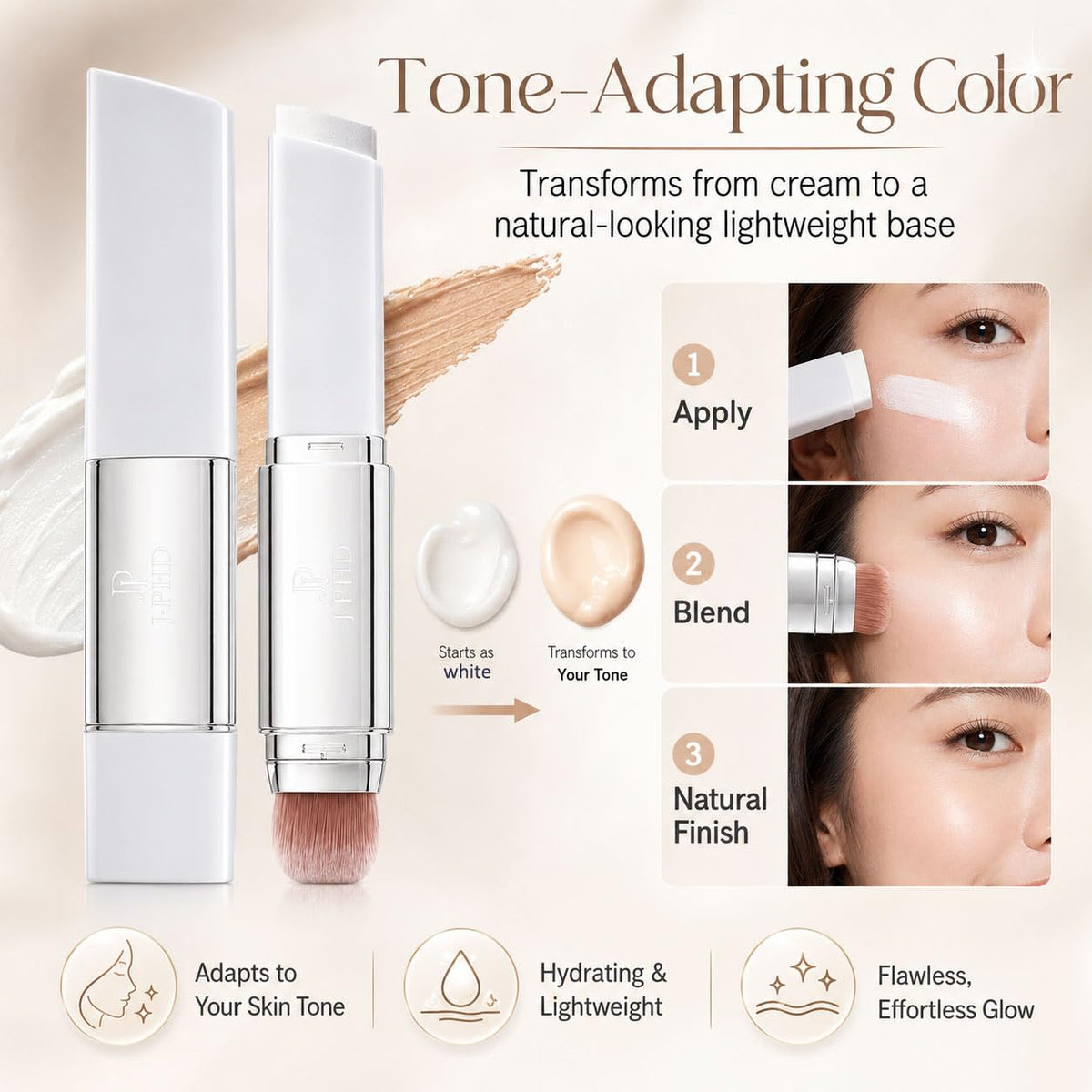 2 in 1 White Korean Color Changing Foundation Stick with Brush, Cover Cream Stick Foundation, Moisturizing Long-Lasting Hydration Makeup, Light Coverage Concealer, for All Skin Types (02#)